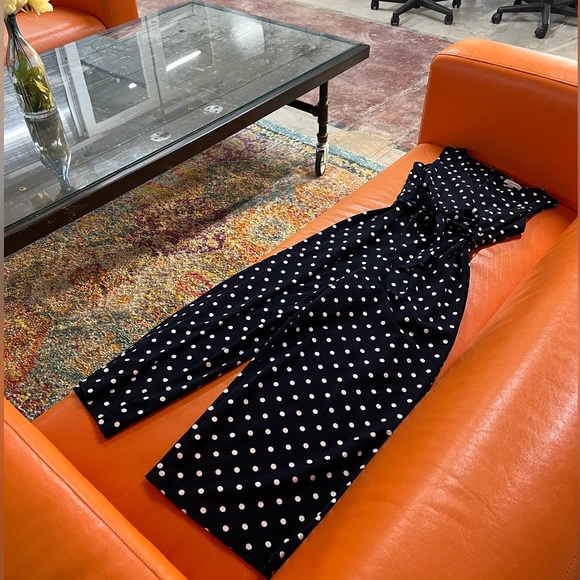 NWT Calvin Klein dark navy polka dot belted wide leg jumpsuit. - Picture 6 of 10